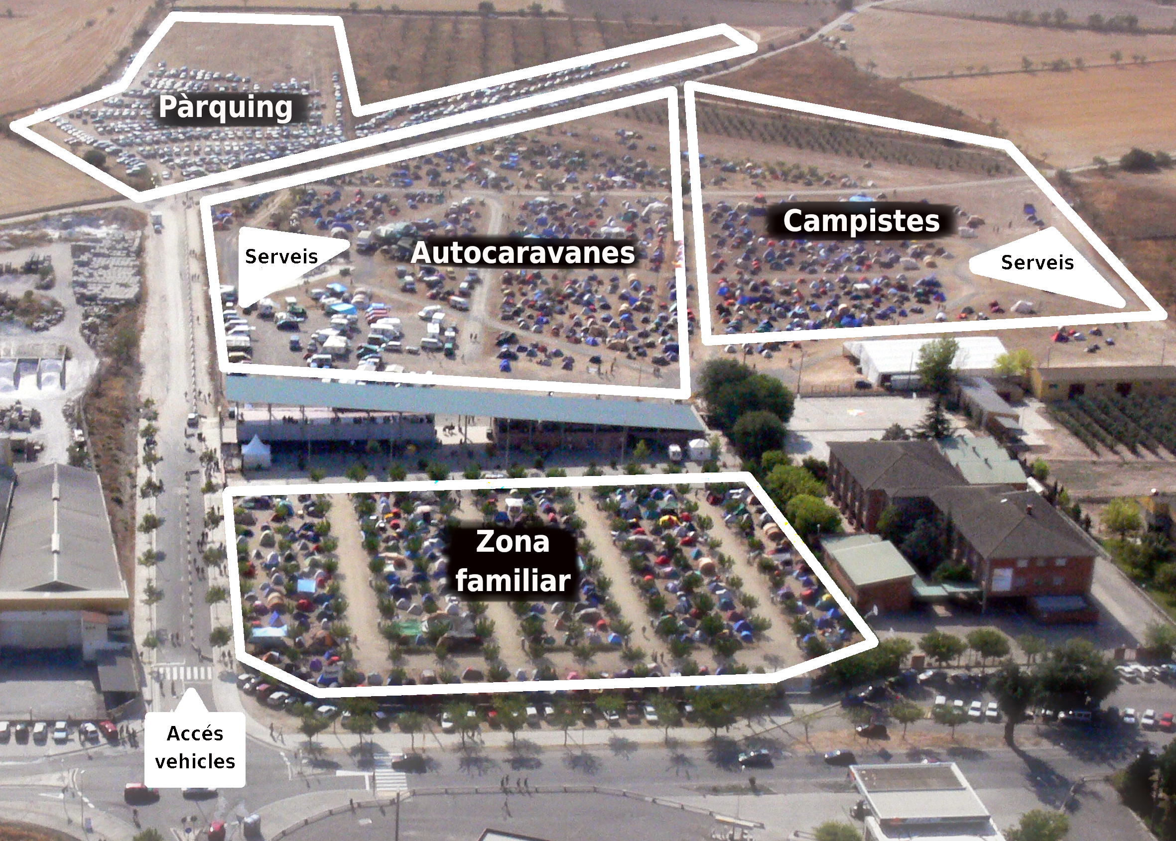 Mapa de espacios y servicios de la zona de acampada de Firatàrrega